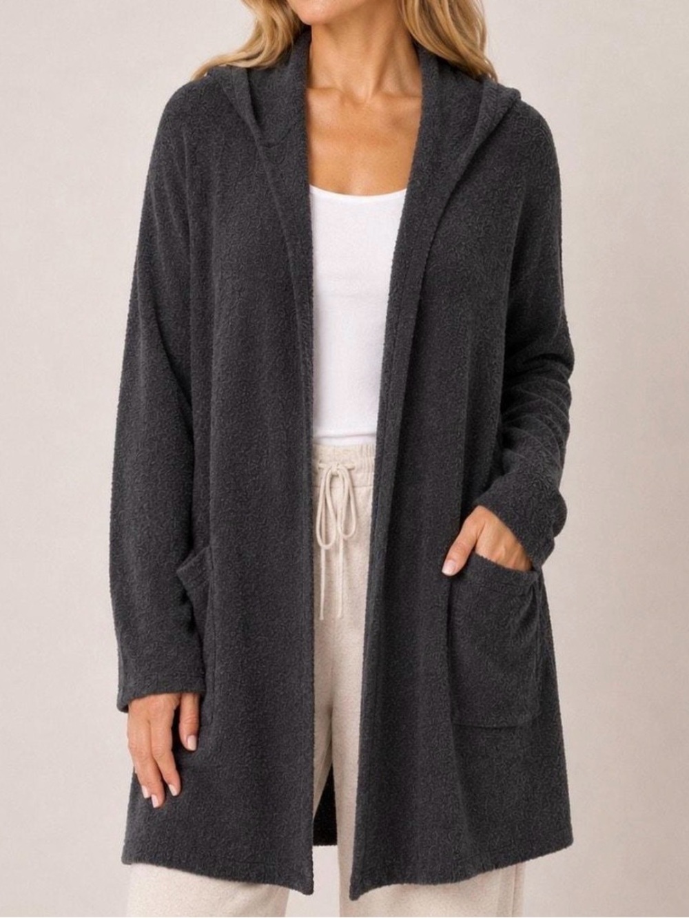 Barefoot dreams Cozy Open-Front Hooded Cardigan Sweater - Charcoal